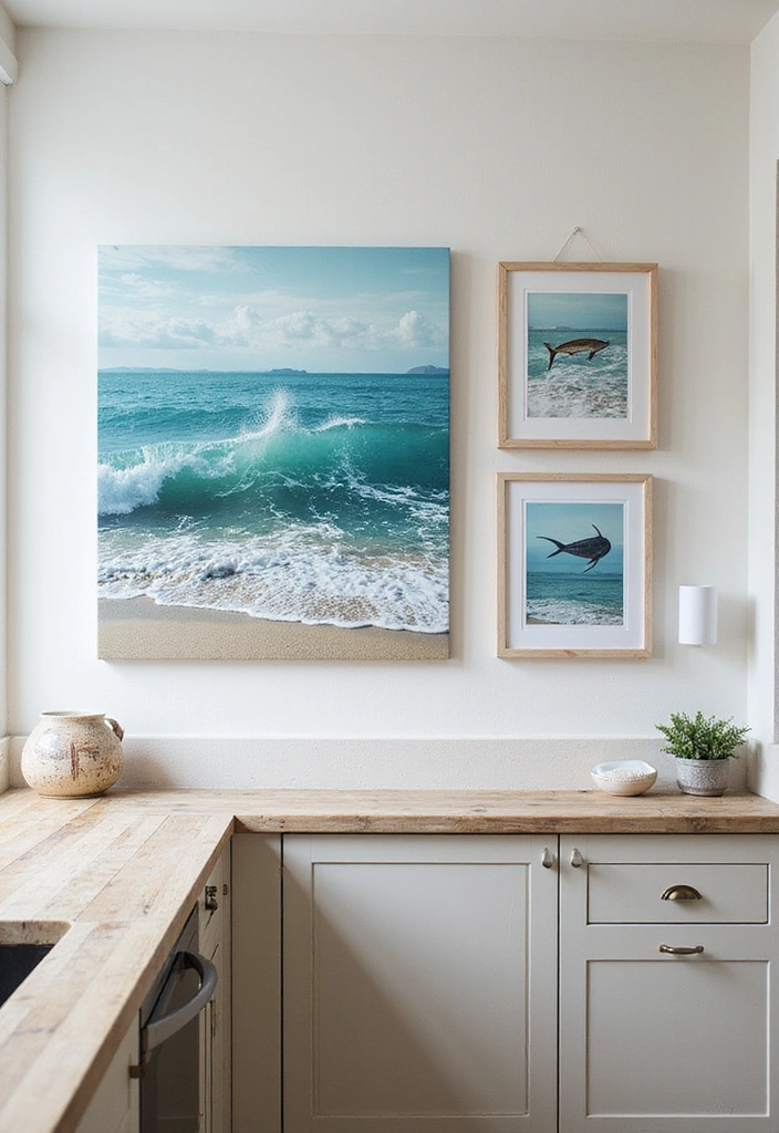 21 Coastal Kitchen Ideas That'll Make You Feel Like You're on Vacation Every Day! - 13. Beachy Wall Art