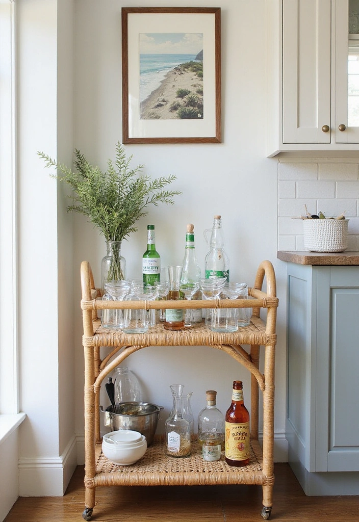 21 Coastal Kitchen Ideas That'll Make You Feel Like You're on Vacation Every Day! - 17. Coastal-Style Bar Cart