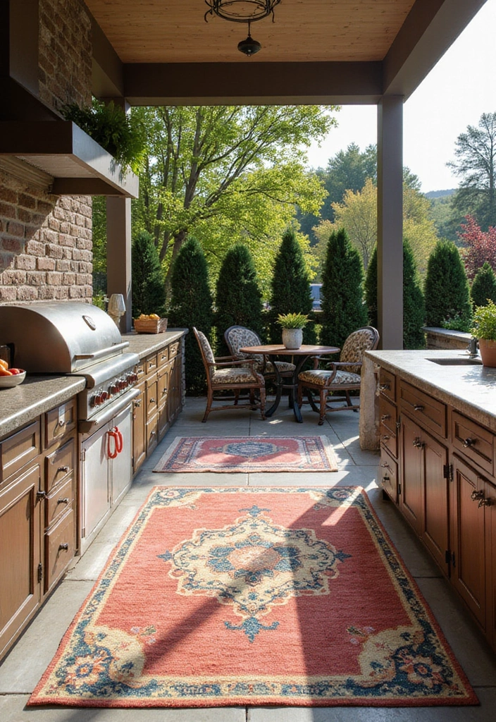 21 Small Outdoor Kitchen Ideas That Will Transform Your Backyard into a Culinary Paradise! - 19. Decorative Outdoor Rugs